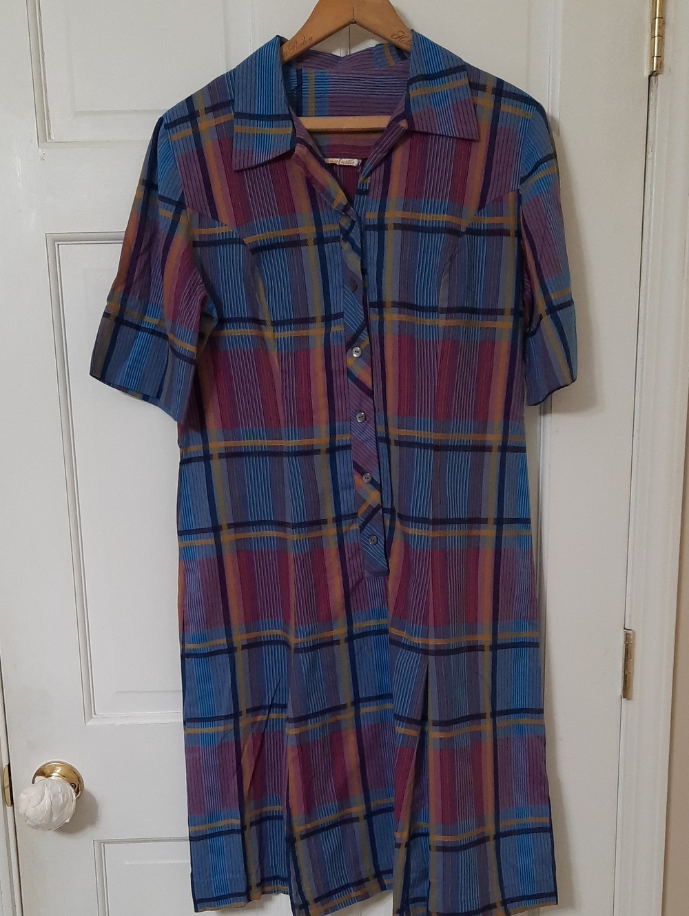 Button-Front Midi Dress in Blue and Purple Plaid